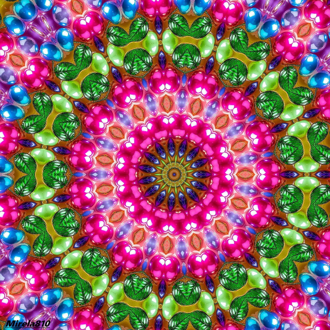 Colorful symmetrical mandala with pink flowers, green decorative elements, and golden center in radial pattern