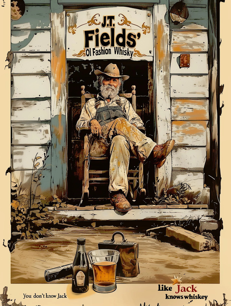 Illustrated vintage whisky ad showing an elderly man on a porch with bottles and a glass of whiskey