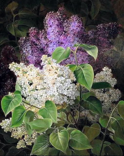 Oil painting of white and purple lilac flower clusters with green leaves on a dark background