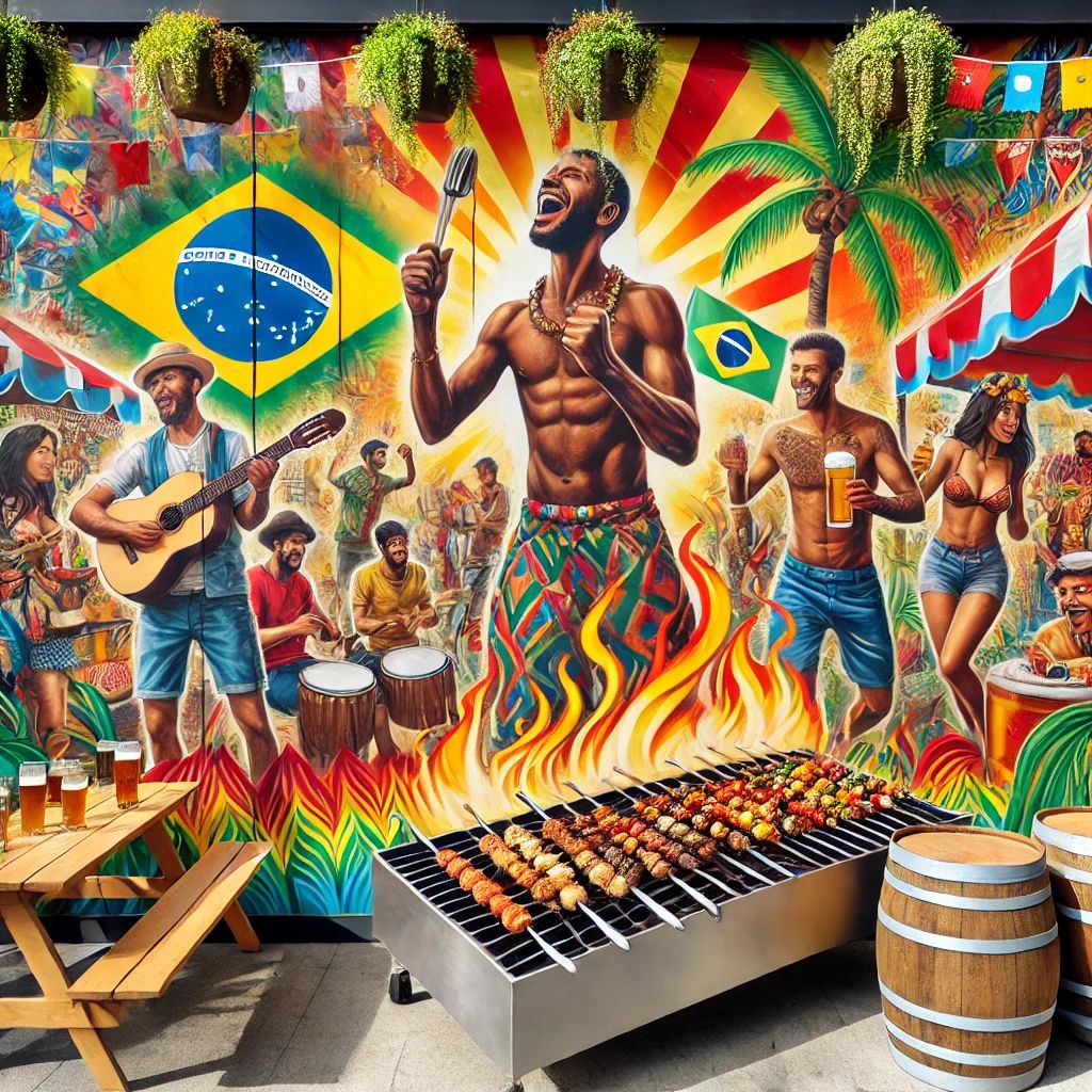 Festive Brazilian carnival scene with shirtless dancer, grill, musicians, and bright flag mural backdrop