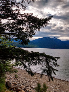 Lake shore with pine tree silhouette, mountains and dramatic cloudy sky at sunset