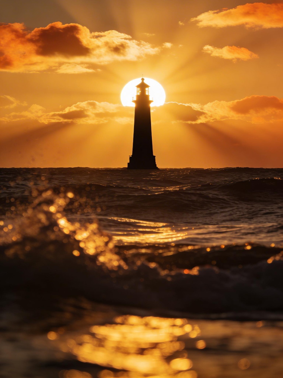 Silhouetted lighthouse at sunset with golden sky and ocean waves reflecting warm light