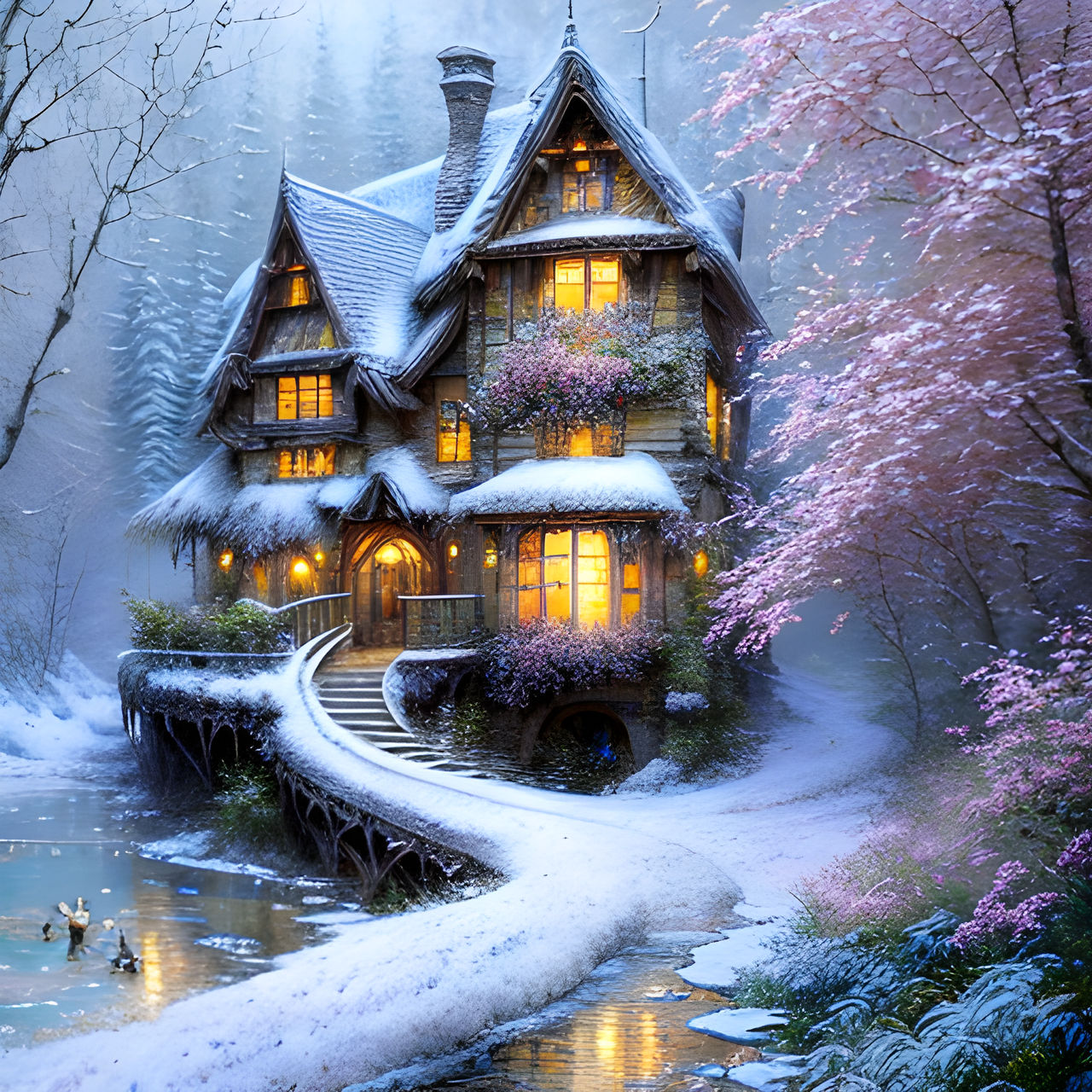 Illuminated stone cottage in winter forest with snow and pink trees