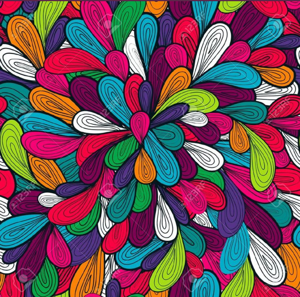 Abstract colorful teardrop shapes radiating outward in bright pink, teal, purple, orange, and green
