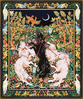 Ornate illustration of white unicorns around a tree with flowers, birds, and a patterned border.