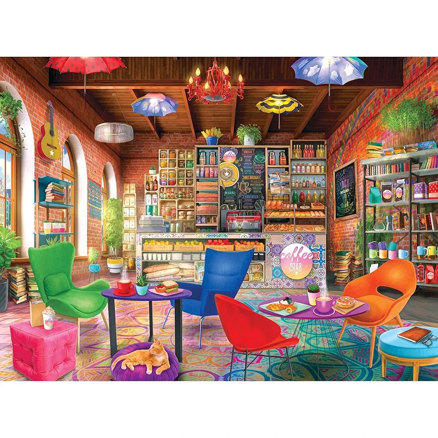 Cozy reading room with colorful chairs, bookshelves, hanging umbrellas, and bright decor in illustrated style