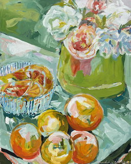 Impressionist painting of white flowers in green vase with oranges and crystal bowl on table