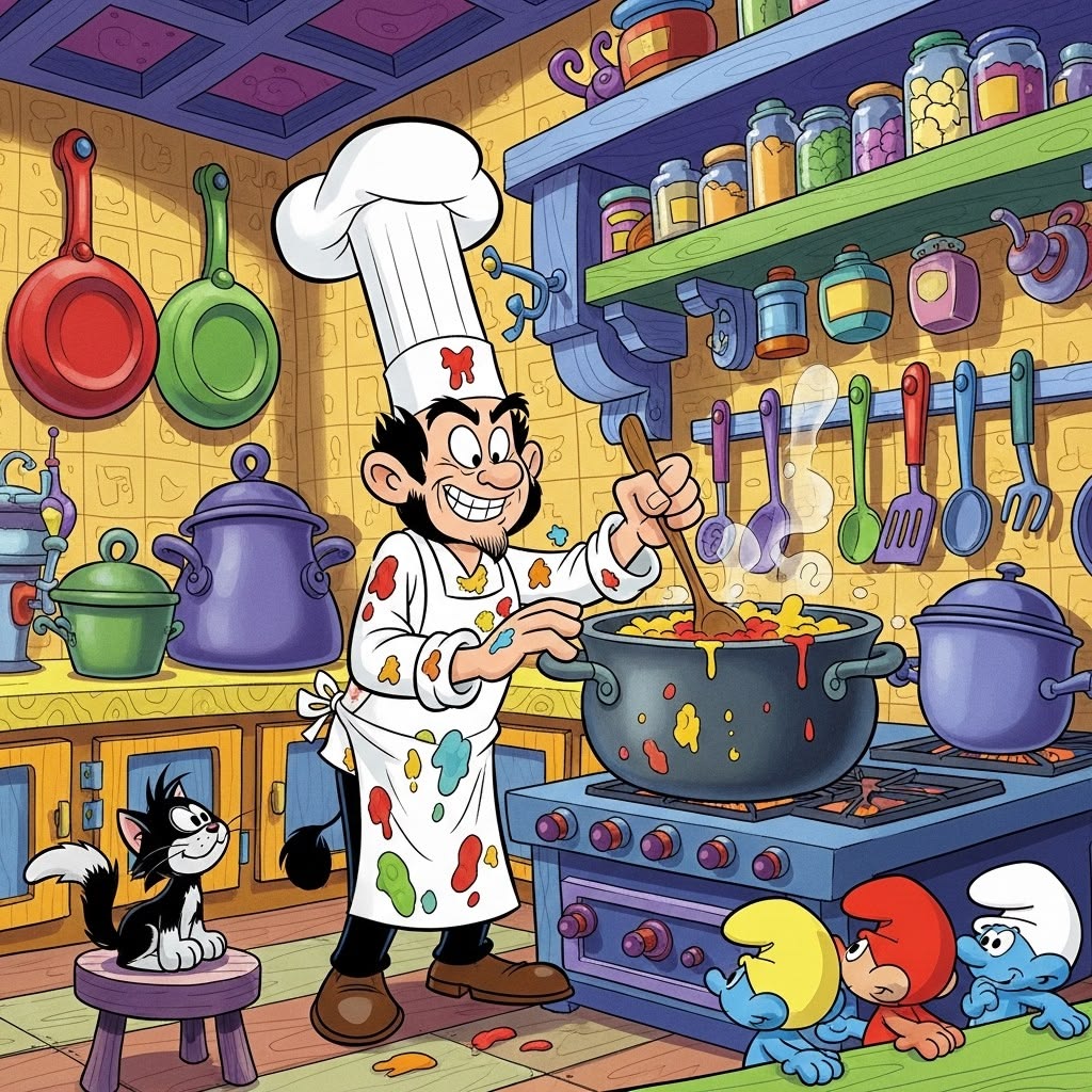 Gargamel in white chef outfit cooking at stove in vibrant kitchen with Smurfs nearby