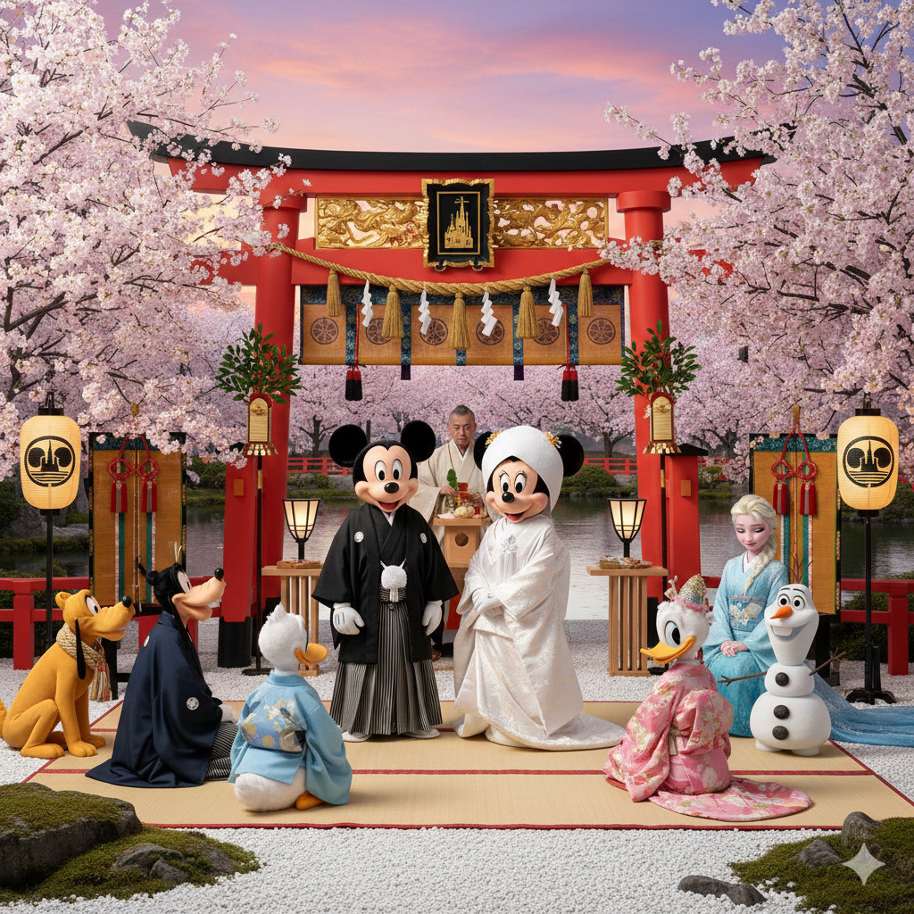 Mickey and Minnie Mouse in traditional Japanese wedding kimono at red Shinto shrine with Disney characters and cherry trees