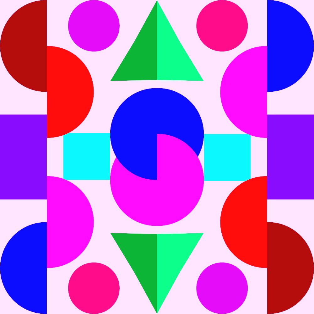Abstract geometric pattern with colorful circles, triangles, and squares arranged symmetrically