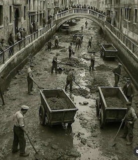 Black and white photo of workers cleaning a drained Venice canal with wheelbarrows and shovels in1959