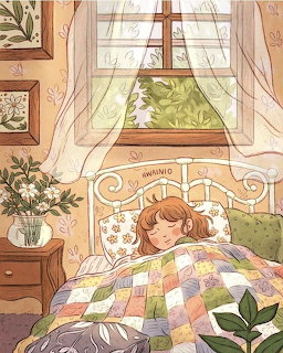 Illustration of a girl sleeping in bed under a colorful patchwork quilt near an open window with curtains