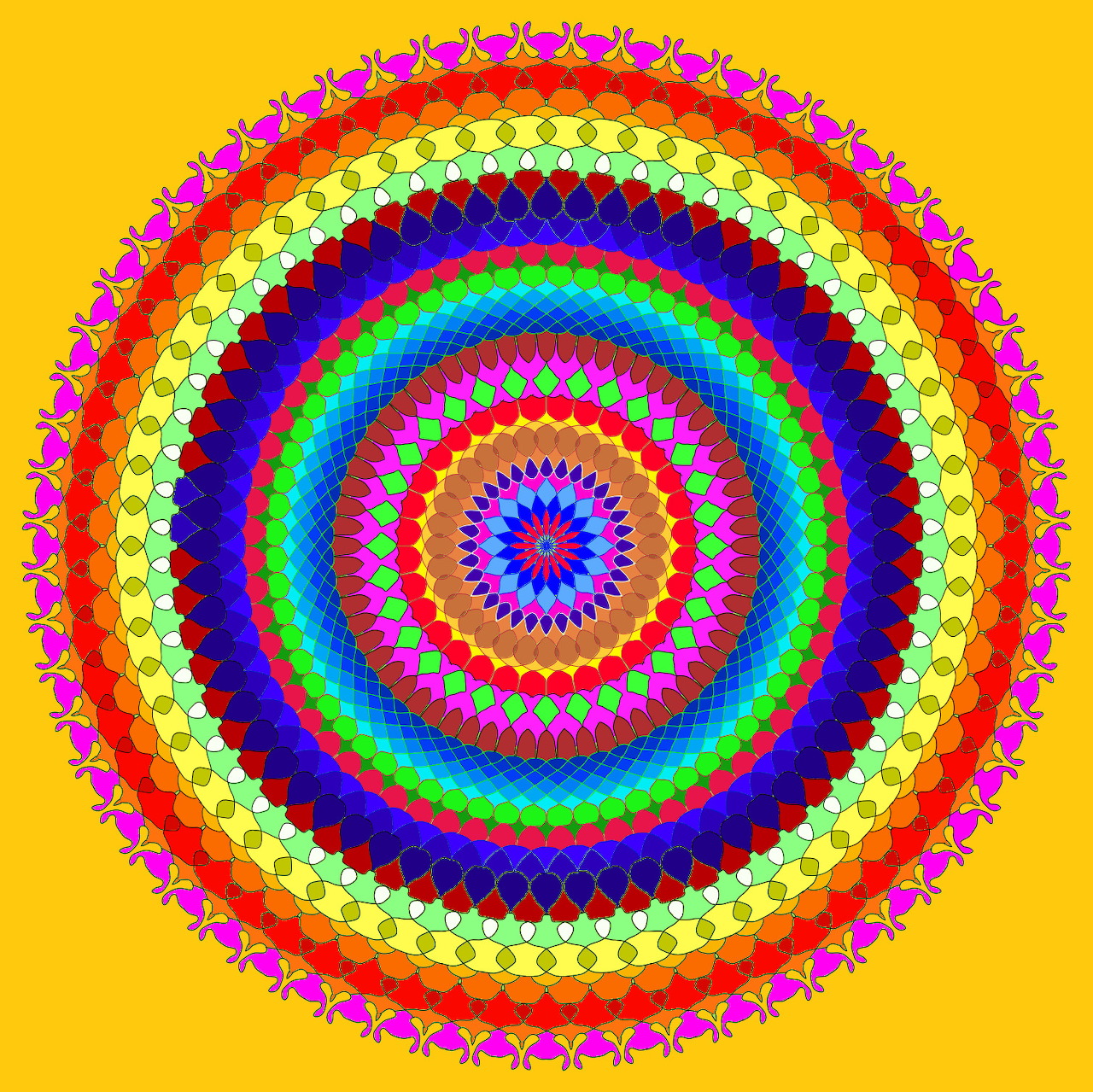 Colorful rainbow mandala with intricate circular patterns on a yellow background