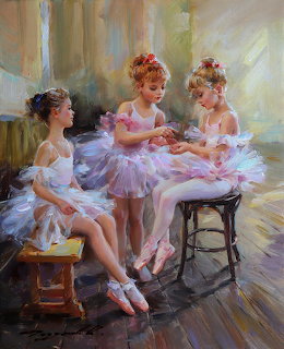 Painting of three young girls in pink ballet tutus sitting together adjusting their ballet slippers