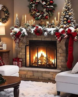 Decorated fireplace with Christmas garland, candles, wreaths, and stockings in cozy living room
