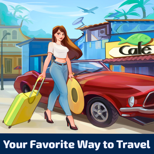 Woman with suitcases and guitar standing beside red car at tropical cafe