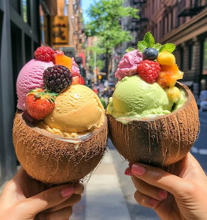 Two hands holding coconut bowls filled with ice cream scoops topped with berries and fruit on a city street