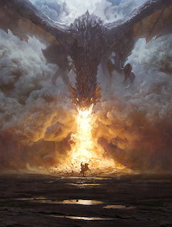Dark dragon rising from smoke and fire over a small figure in a fantasy scene