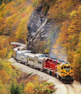 Train with red and yellow locomotives passing through a rocky mountain cut surrounded by fall foliage