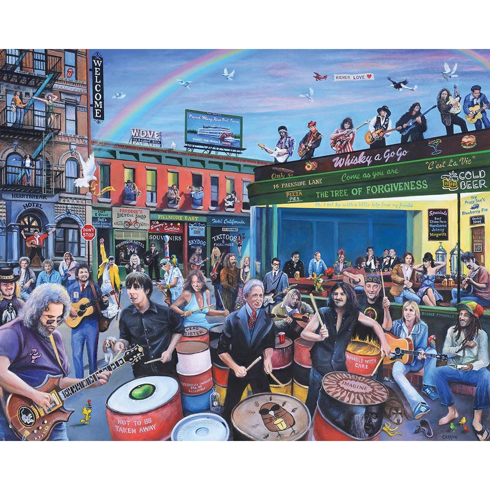 Colorful illustration of a crowded street scene with many rock and roll musicians performing and gathered together