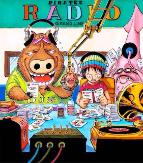 Anime characters at a radio broadcast table with microphones and recording equipment in a colorful studio