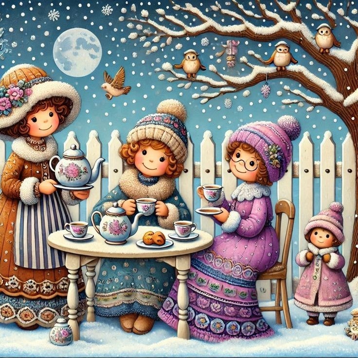 Children in winter clothes having tea party with owls in snowy garden under full moon