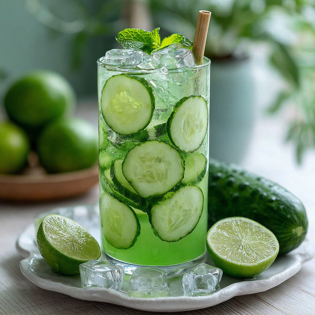 Glass of green cucumber lime lemonade with ice, mint garnish, cucumber slices, and fresh limes on white plate