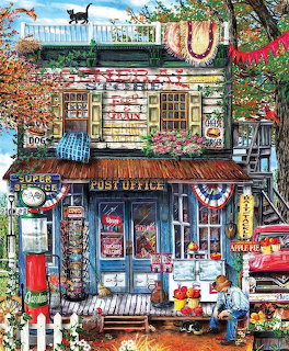 Painting of a rustic country general store and post office with patriotic bunting and colorful signage
