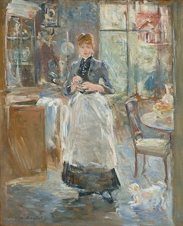 Impressionist painting of woman in white apron in dining room by Berthe Morisot