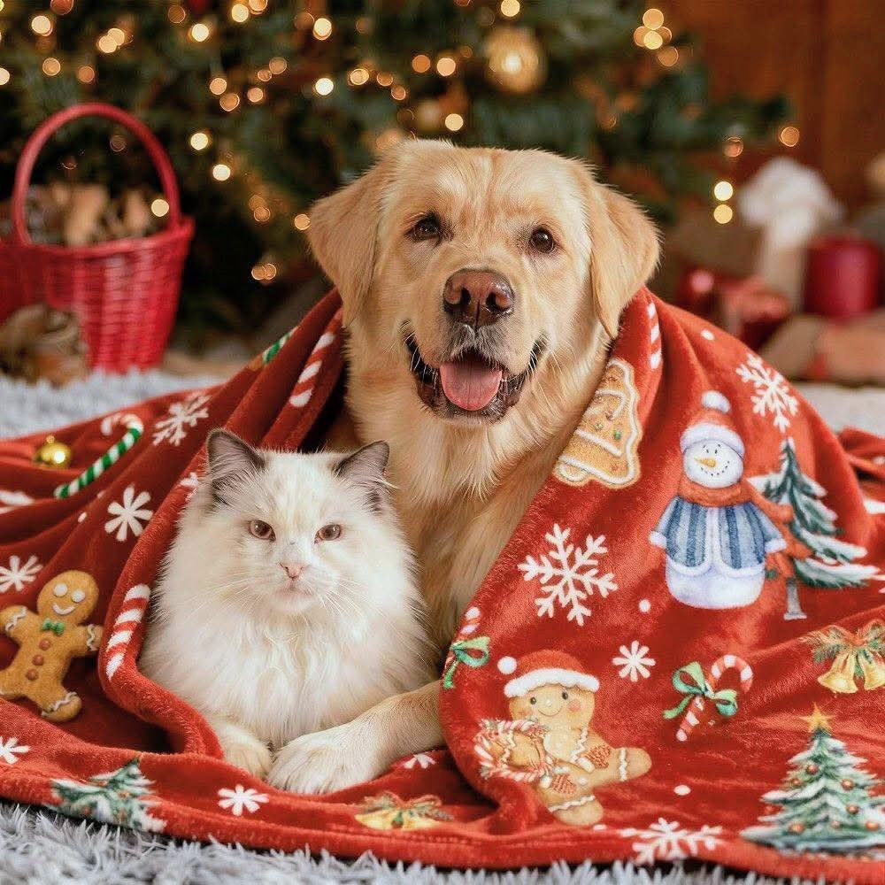 White cat and golden retriever dog cuddling under red Christmas blanket with tree lights behind them