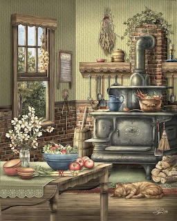Vintage cottage kitchen interior with antique stove, dried flowers, rustic wooden furniture and sunlit window