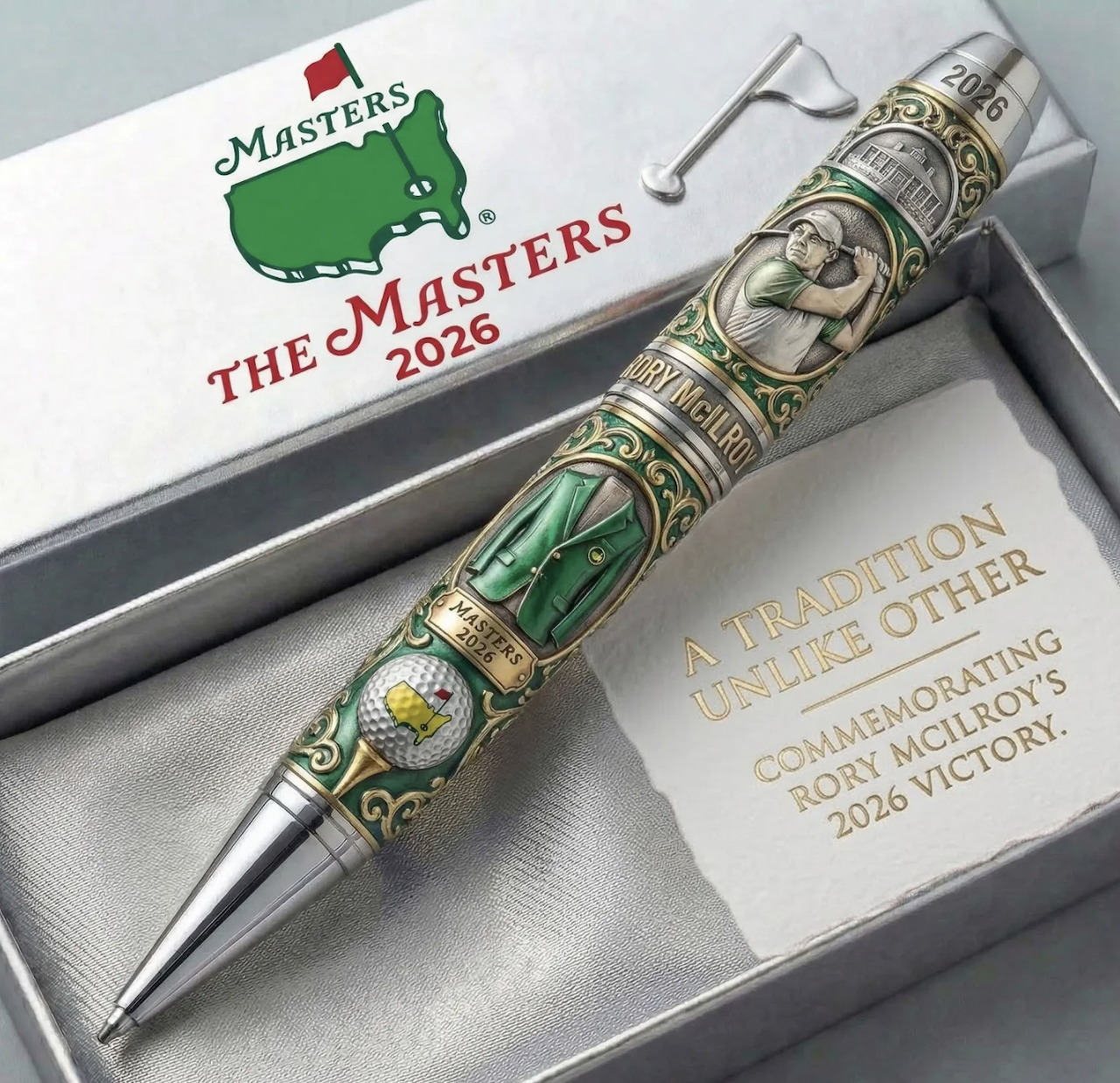 Masters-themed commemorative pen displayed in a presentation box with printed packaging text
