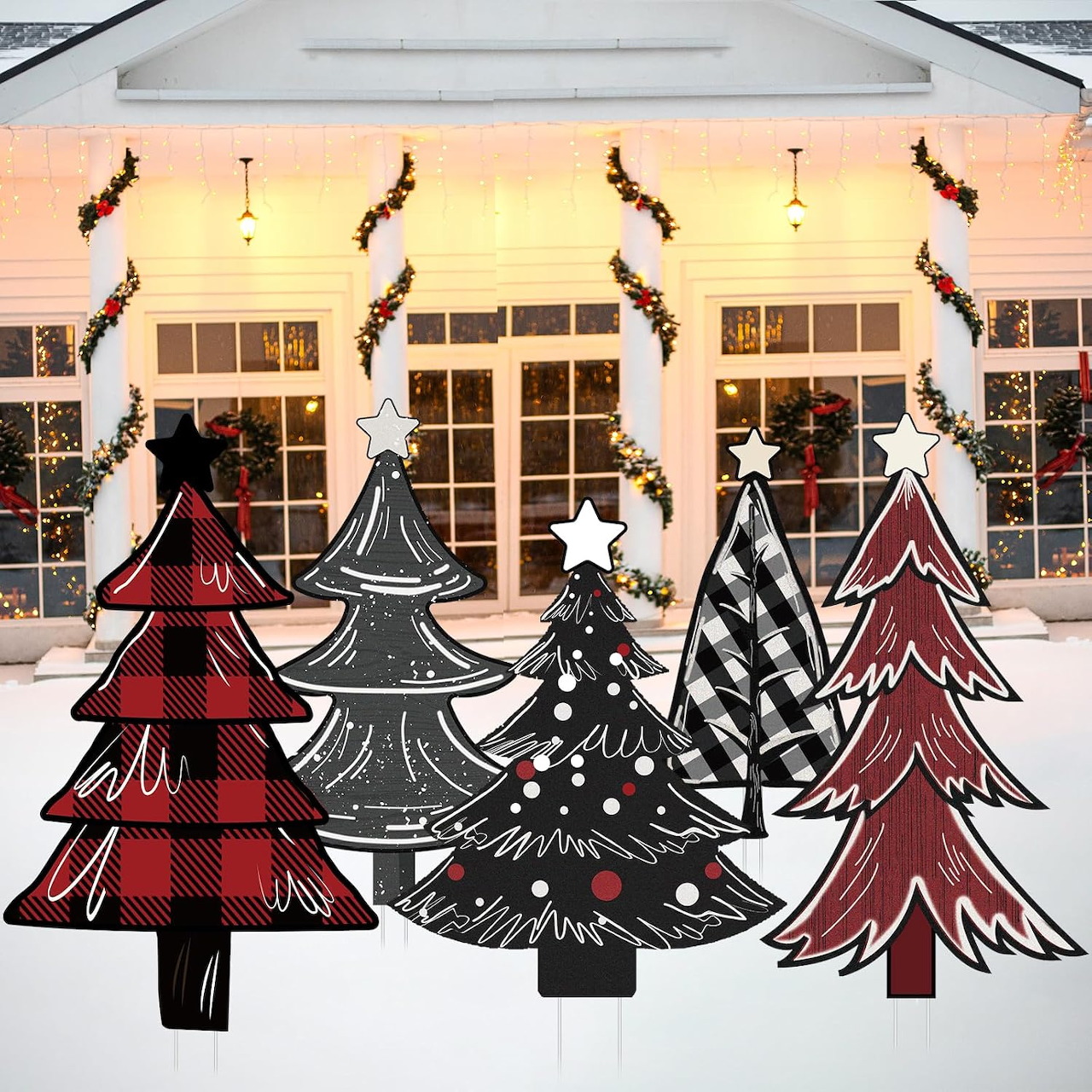Illustrated Christmas tree decorations in front of a house with holiday garlands and lights