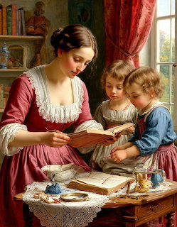 Woman in historical dress reading to two children at table near window