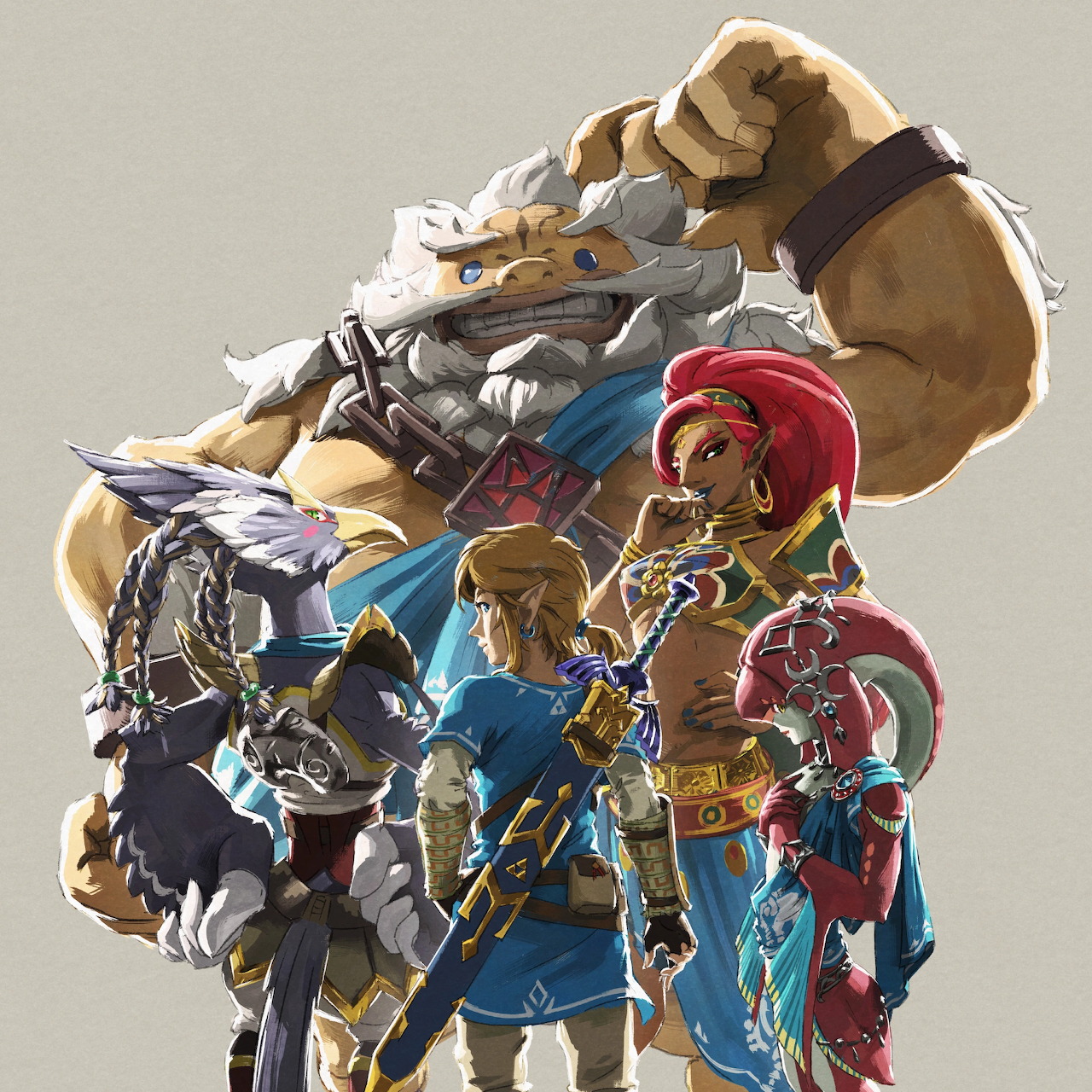 Illustrated group of Breath of the Wild characters with Link and the champions on a light background