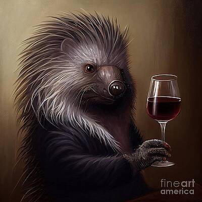 Anthropomorphic porcupine holding a glass of red wine