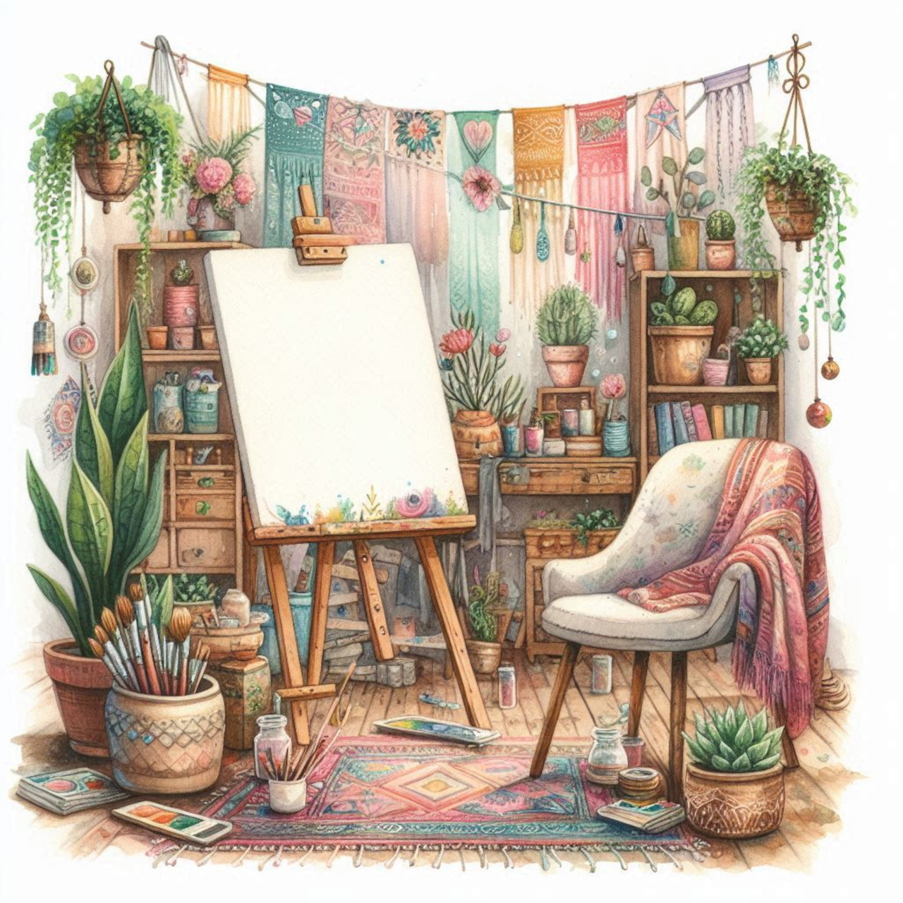 Watercolor illustration of a cozy bohemian artist studio with easel, plants, and colorful decor