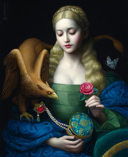 Woman in Renaissance dress with long blonde hair, green bodice, holding ornate sphere, rabbit and butterfly beside her