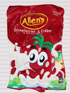 Bag of Allen's Strawberries and Cream candy with cartoon strawberry mascot on red and white packaging