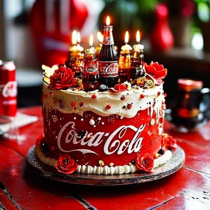 Birthday cake decorated with Coca-Cola logo, white frosting, red roses, candles, and miniature soda bottles