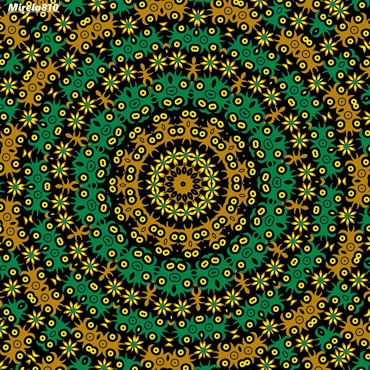 Ornate circular mandala with golden and green geometric patterns on black