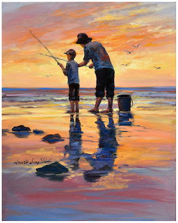 Father and son fishing at sunset on beach with colorful sky reflected in wet sand