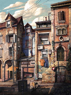 Illustration of old European buildings along a narrow street with laundry and graffiti