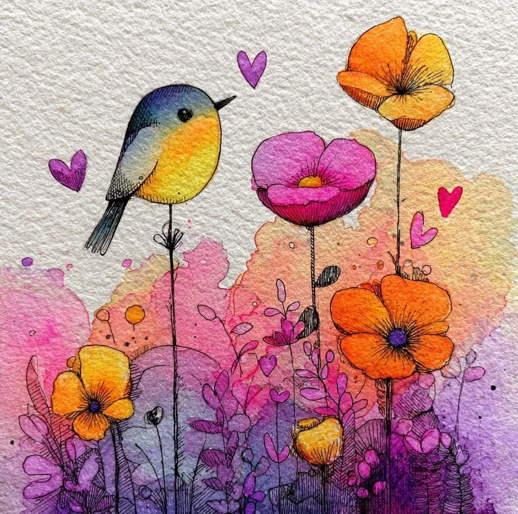 Watercolor painting of a bluebird among colorful flowers and hearts