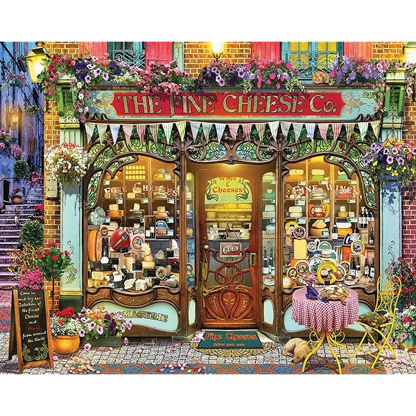 Colorful painting of a quaint cheese shop storefront with flowers, baskets, and outdoor seating