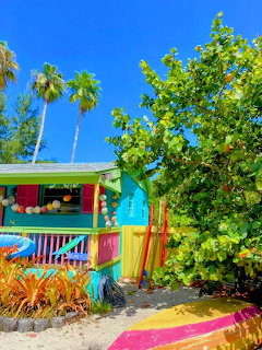 Colorful tropical beach shack with bright painted walls, surfboards, palm trees, and sandy ground