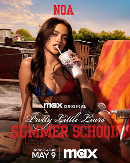 Young woman in bikini top holding a drink on a rooftop, Pretty Little Liars Summer School promotional image