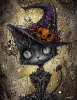 Wide-eyed black cat in a cobwebbed witch hat with a pumpkin and rose