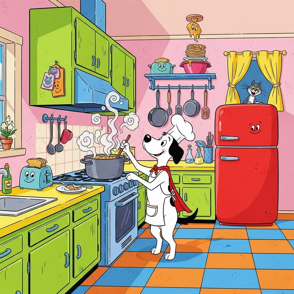 Cartoon beagle wearing chef hat and apron cooking at stove in bright vintage kitchen