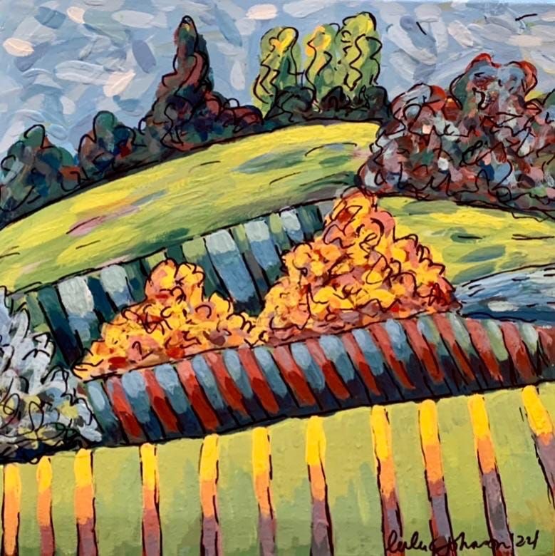 Abstract landscape painting with rolling hills, colorful trees, and patterned vineyard rows in bold hues